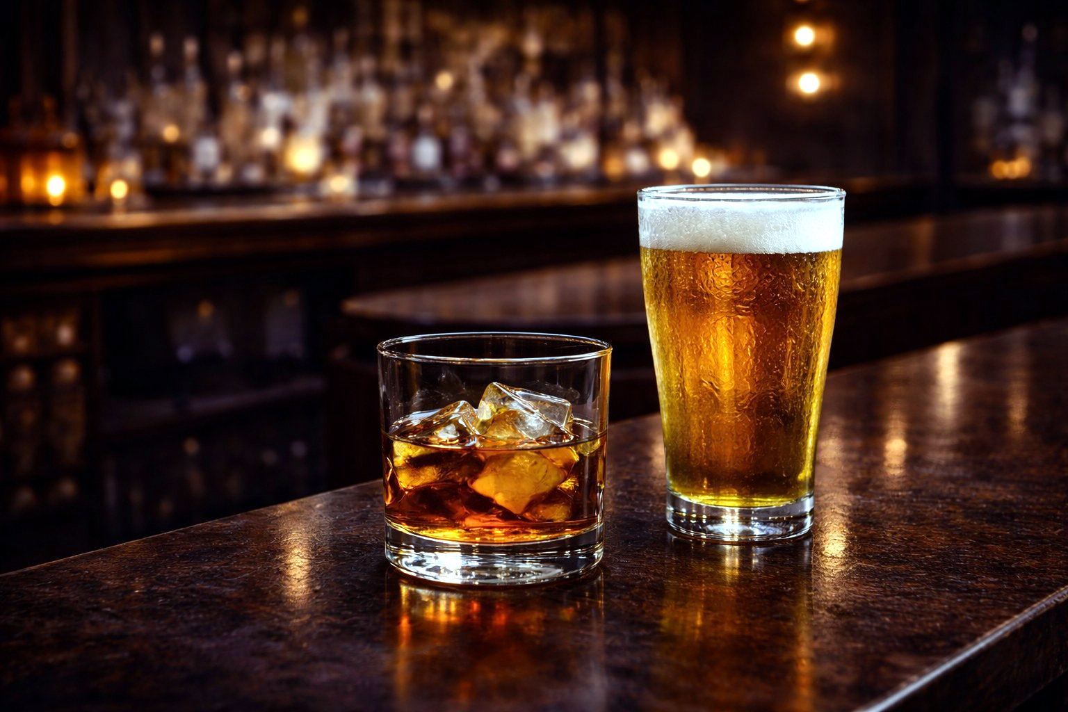 Whiskey and beer on the bar